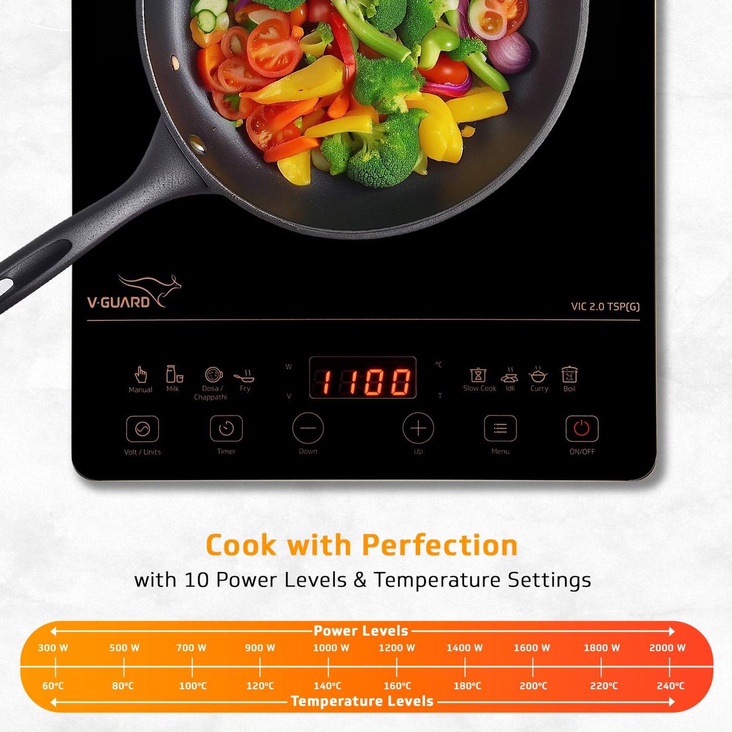 V-Guard VIC 2.0 TSP (G) Induction Cooktop| 2000-Watt Electric Induction Stove with 3 KV Surge Protection | 3-Year Coil Coverage by V-Guard | Push Button Control | Auto-Cut off with 10 Temperature Levels