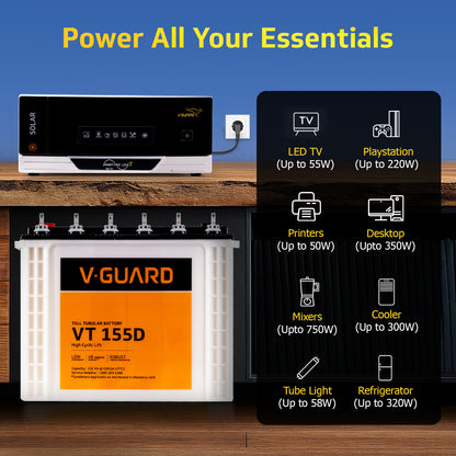 Smart Pro 1200 S Solar Inverter + VT 155D Battery Combo for Home, Office & Shops