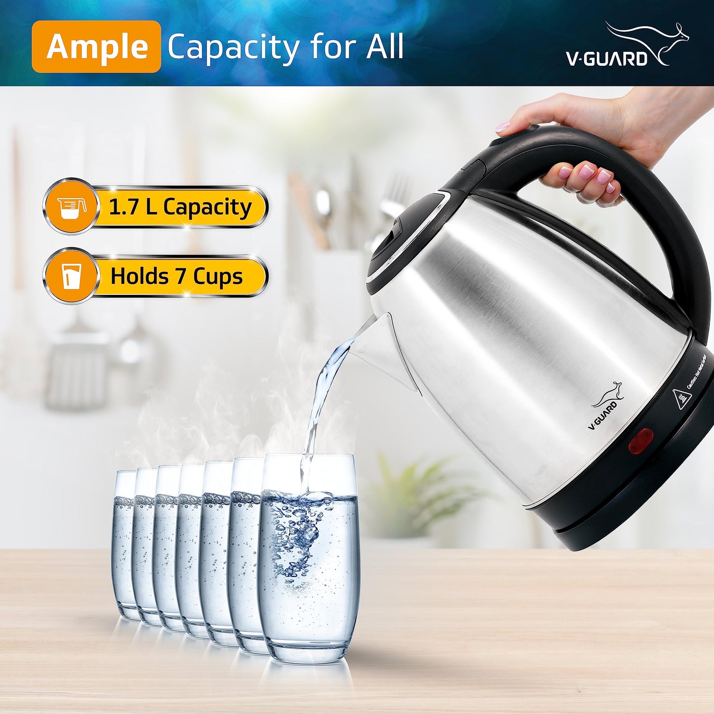 VKS17 Electric Kettle for hot water | 1.7 Litre 1500 W | Stainless Steel Hot water kettle | Auto cut-off | Power Indicator |