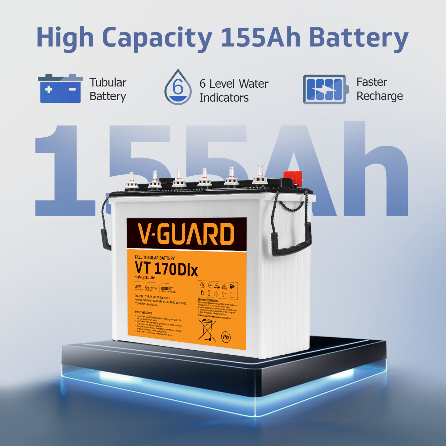 V-Guard Smart Inverter & Battery Combo (Smart Pro 1200 MiLi Digital Sine Inverter with VT 170 Dlx (155 Ah Tall Tubular Battery)) for Home, Office & Shops