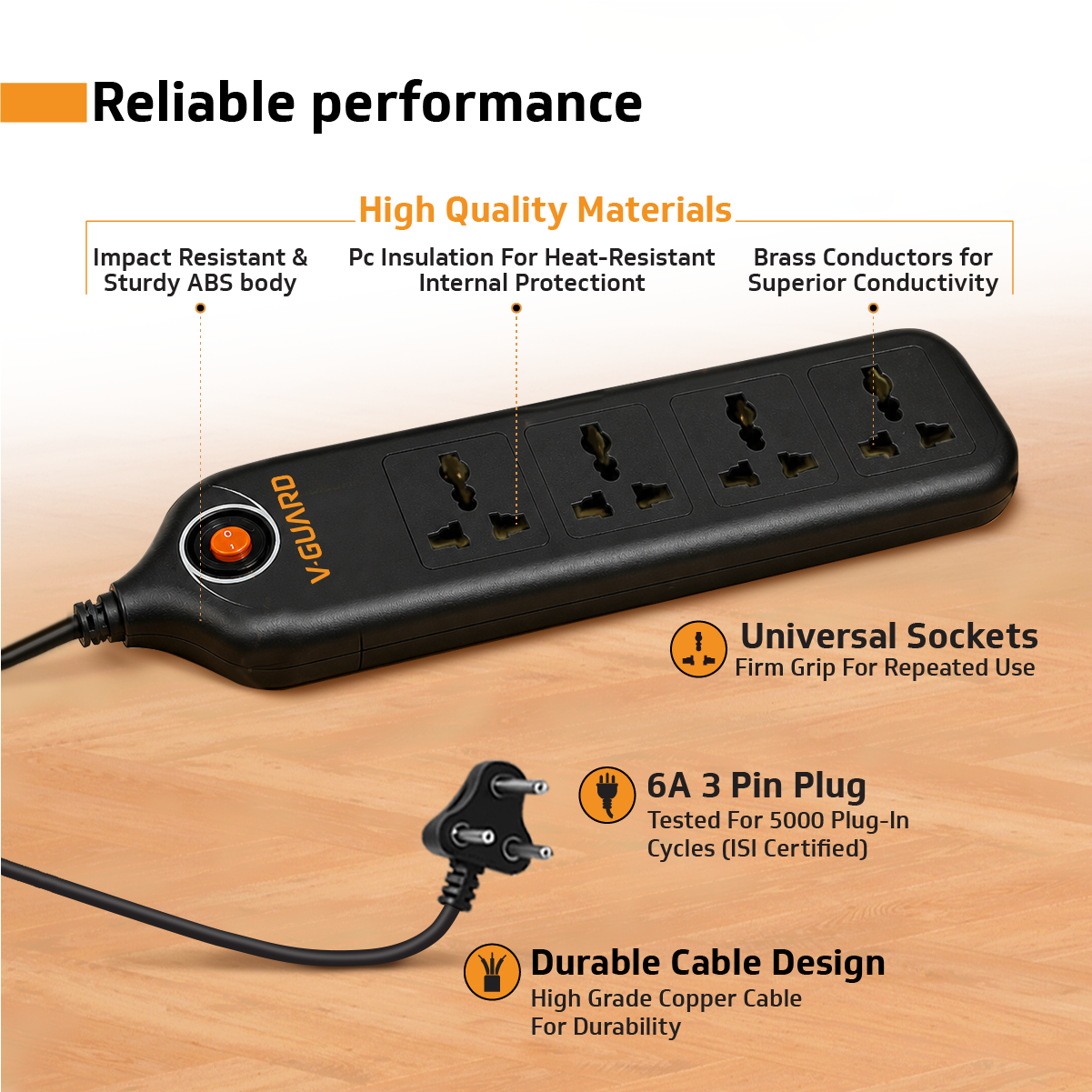V-Guard Extension Board for Home & Office | 4+1 Power Strip with (Fuse) | 4 Universal Sockets | 1 Year Warranty | 5m Cord | 6A 1500VA Load | Fuse Protection | Wall Mountable | Master Switch