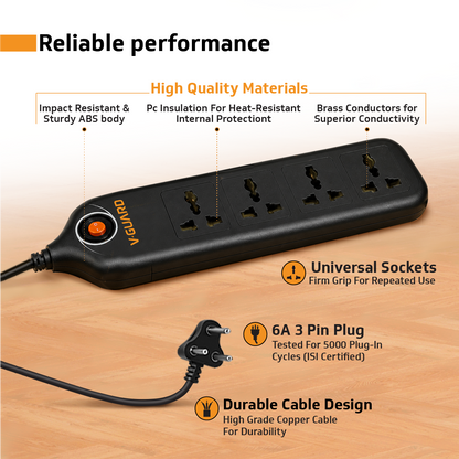 V-Guard Extension Board for Home & Office | 4+1 Power Strip with (Fuse) | 4 Universal Sockets | 1 Year Warranty | 5m Cord | 6A 1500VA Load | Fuse Protection | Wall Mountable | Master Switch