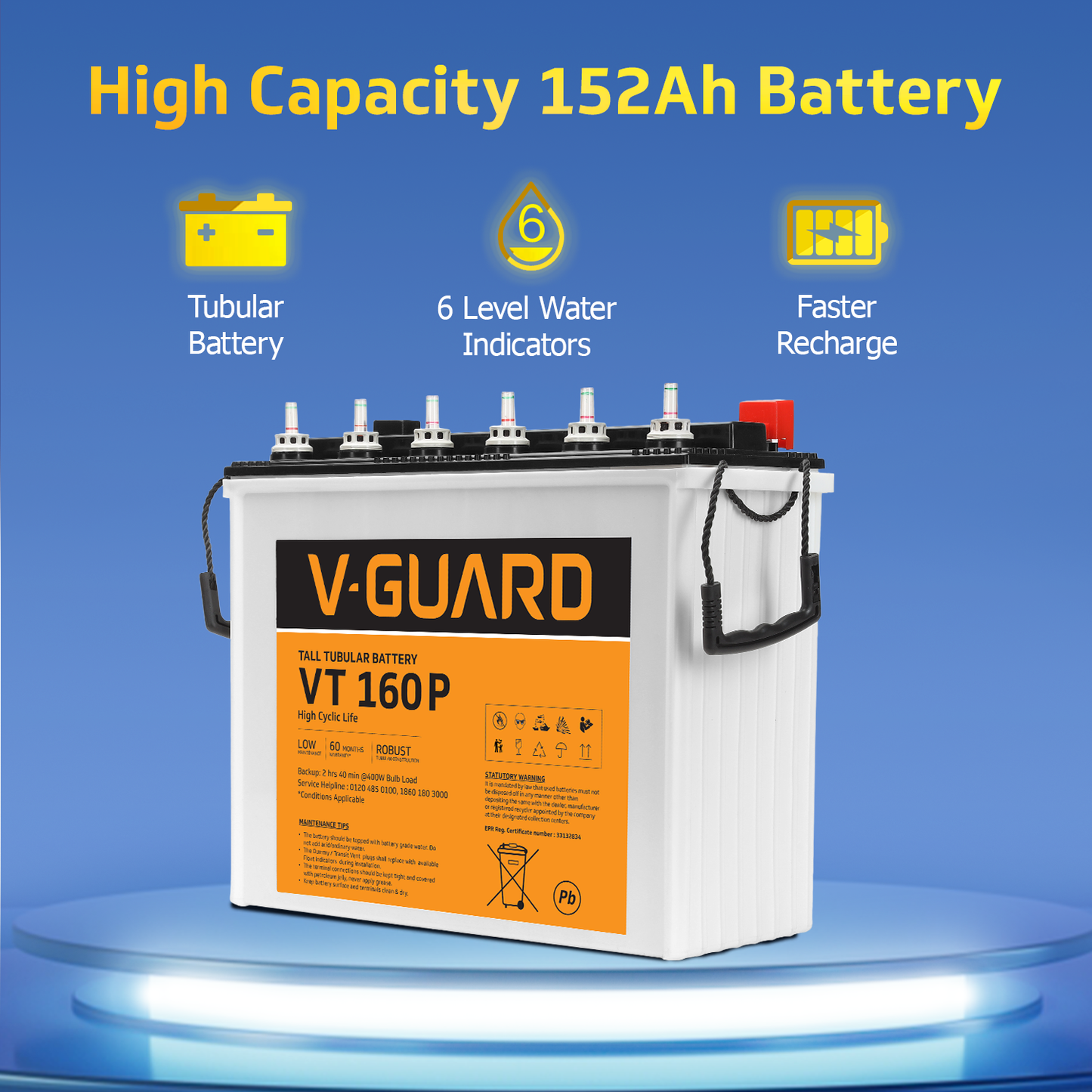 V-Guard Smart Inverter & Battery Combo (Smart Pro 1200 S Solar Inverter with VT 160 P (152Ah Tall Tubular Battery)) for Home, Office & Shops