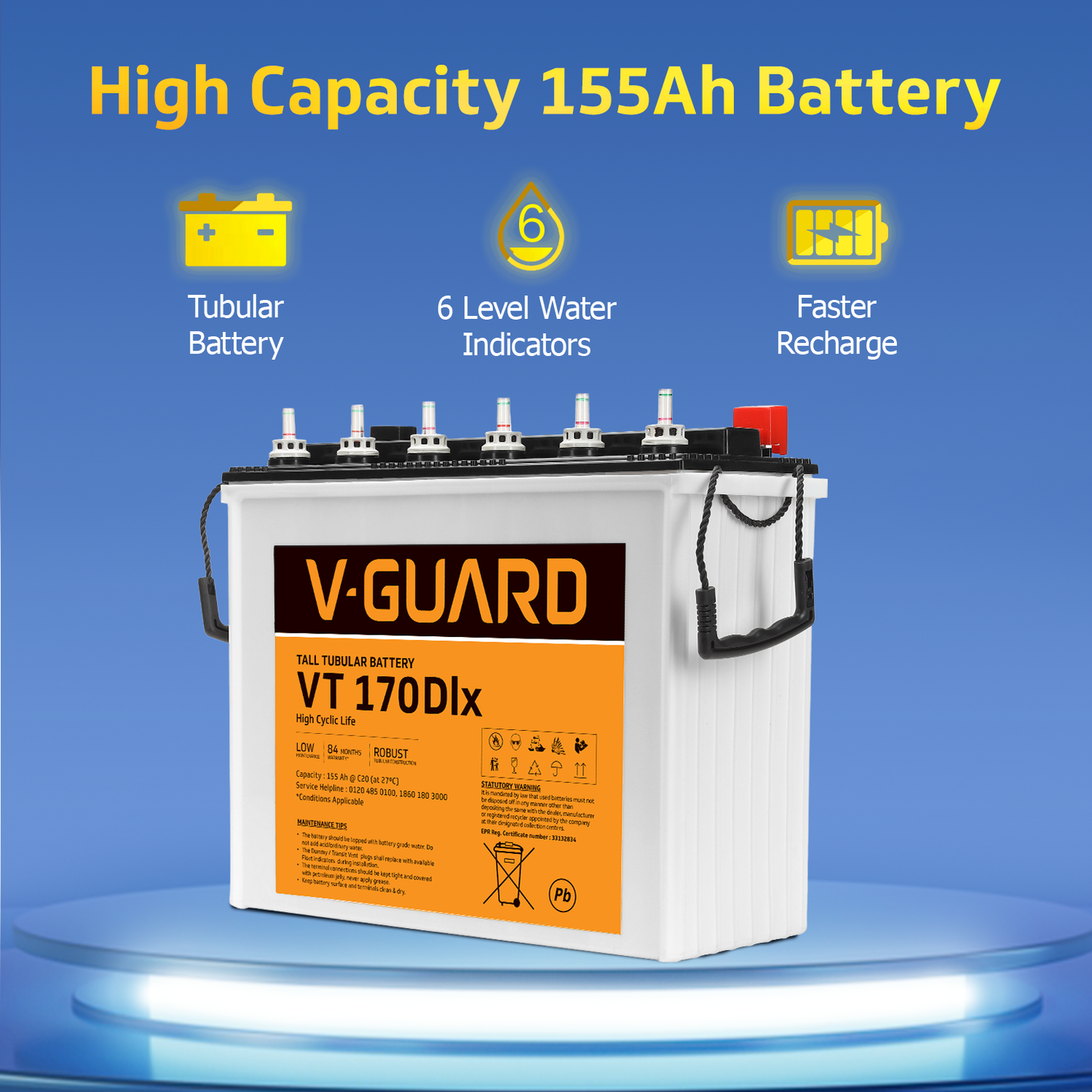 V-Guard Smart Inverter & Battery Combo (Smart Pro 1200 S Solar Inverter with VT 170 DLX (155Ah Tall Tubular Battery)) for Home, Office & Shops