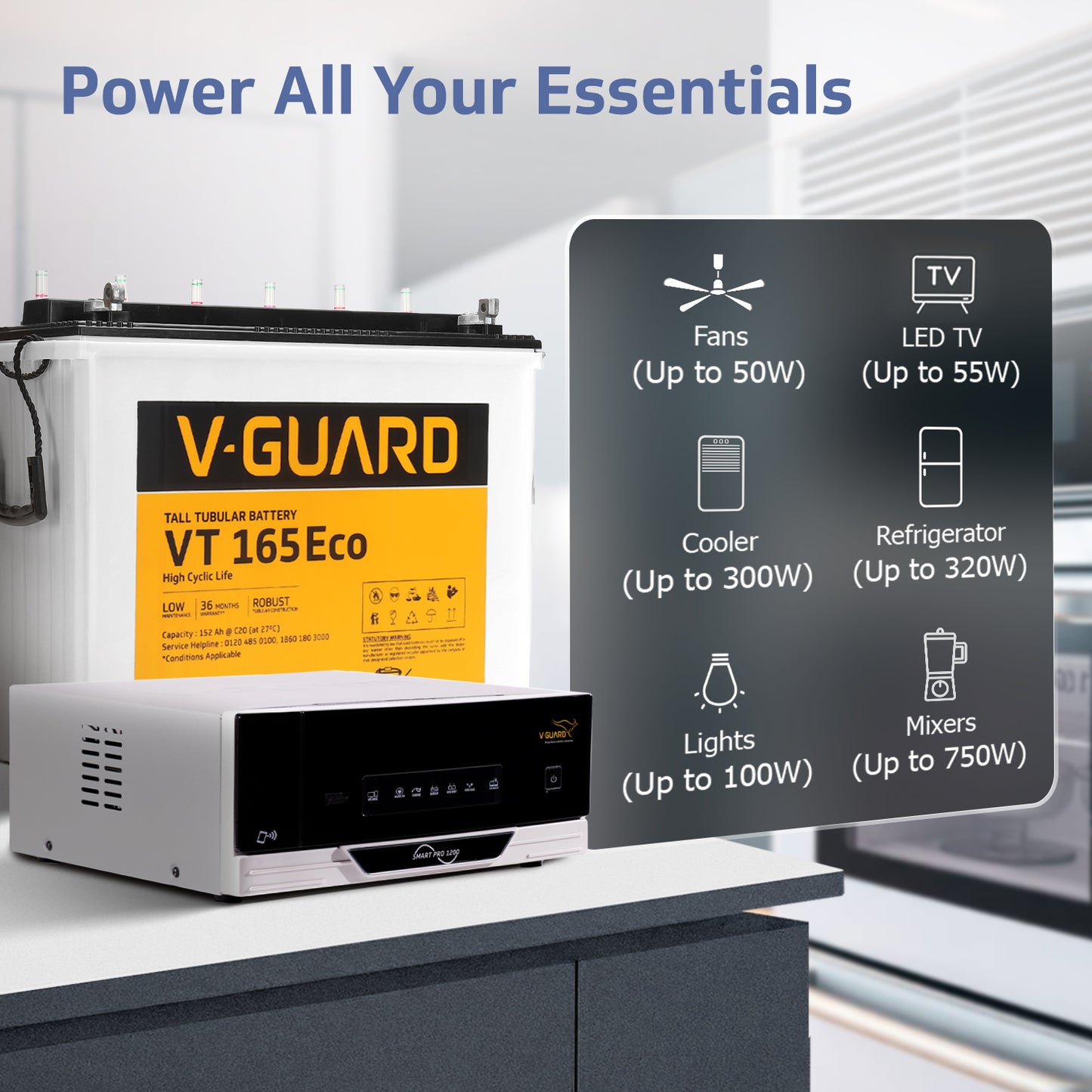 Smart Pro 1200 Inverter + VT 165 Eco Battery Combo for Home, Office & Shops