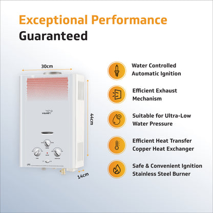 V-Guard Brio LPG Gas Geyser for Bathroom | 9-Layer Advanced Safety | Summer-Winter Mode | Flame & Water Control Knob | Suitable with LPG only | White
