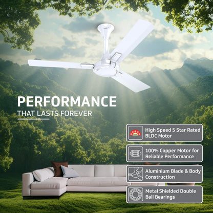 Exado Pro ES BLDC Ceiling Fan For Home, Anti Dust Coating, 5-Star Energy Saving, Remote Control, 100% Copper Motor, 1.2M (Pearl White Silver)