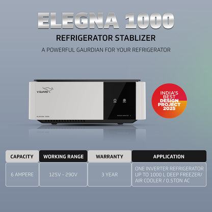 V-Guard Elegna 1000 Stabilizer for Inverter Refrigerator up to 1000 Litre| India’s Best Design Project | Wide Input Voltage Range (Working Range 125 VAC-290 VAC) | 3 Year Warranty by V-Guard | Grey