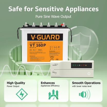 V-Guard Inverter & Battery Combo - 750 Pure Sine Wave 650VA/ 12V Inverter, VT 160 P (152Ah Tall Tubular Battery) for Home, Office & Shops
