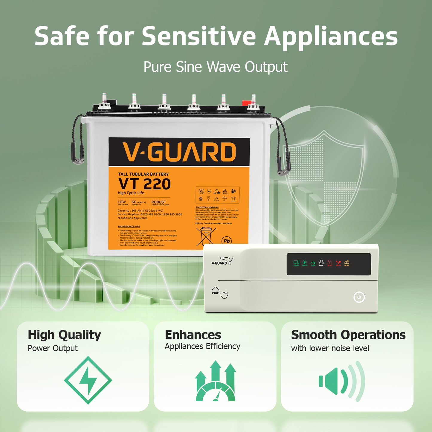 V-Guard Inverter & Battery Combo - 750 Pure Sine Wave 650VA/ 12V Inverter, VT 220 (205Ah Tall Tubular Battery) for Home, Office & Shops