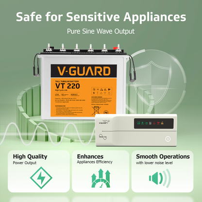 V-Guard Inverter & Battery Combo - 750 Pure Sine Wave 650VA/ 12V Inverter, VT 220 (205Ah Tall Tubular Battery) for Home, Office & Shops