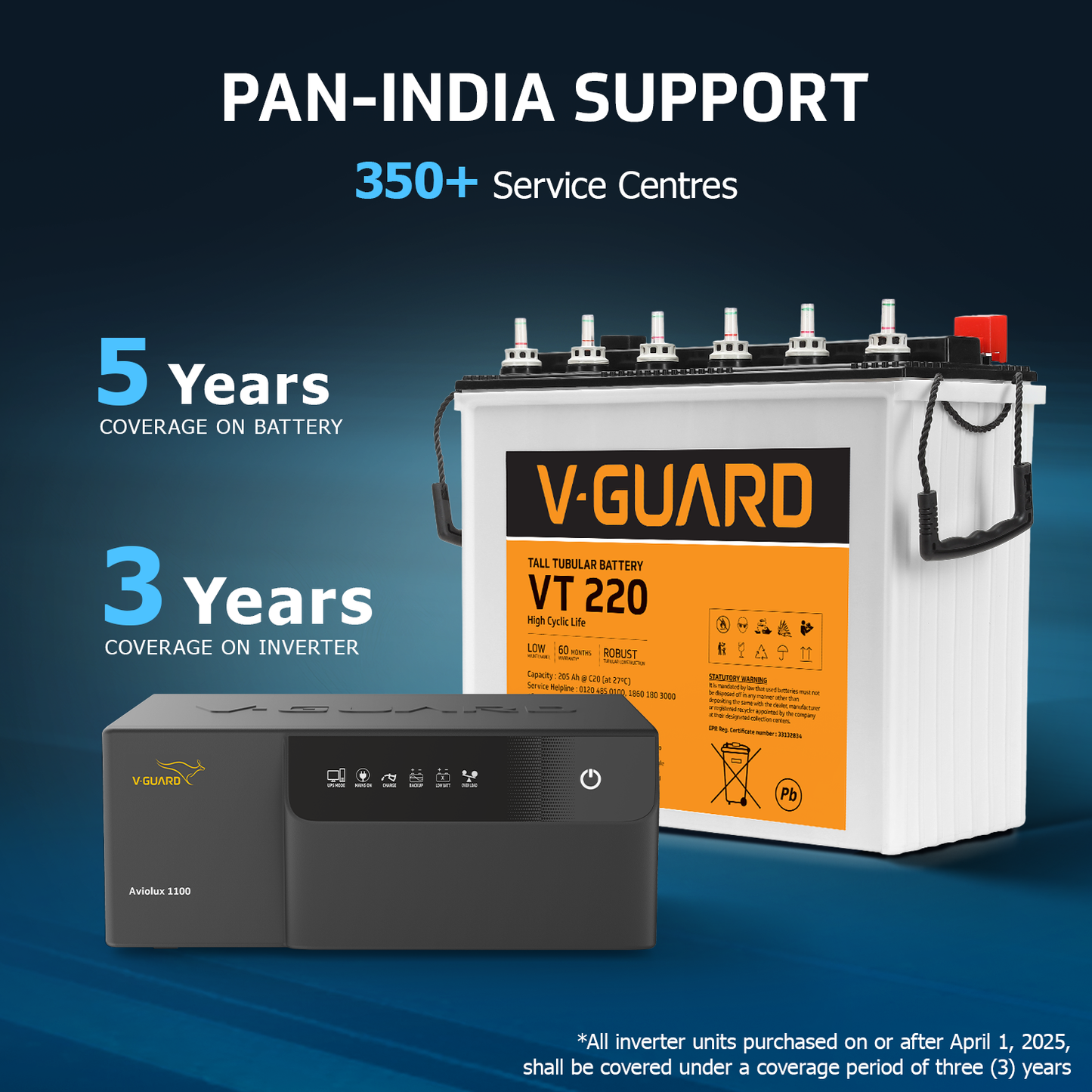 V-Guard Inverter & Battery Combo (Aviolux 1100 Inverter with VT 220 (205 Ah Tall Tubular Battery)) for Home, Office & Shops