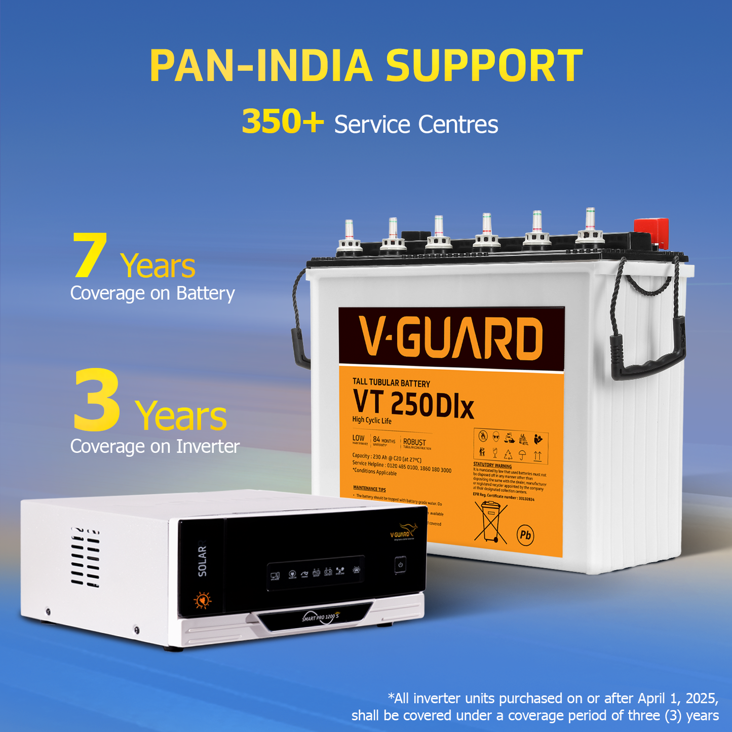 V-Guard Inverter & Battery Combo (Smart Pro 1200 S Inverter with VT 250 Dlx (230 Ah Tall Tubular Battery)) for Home, Office & Shops