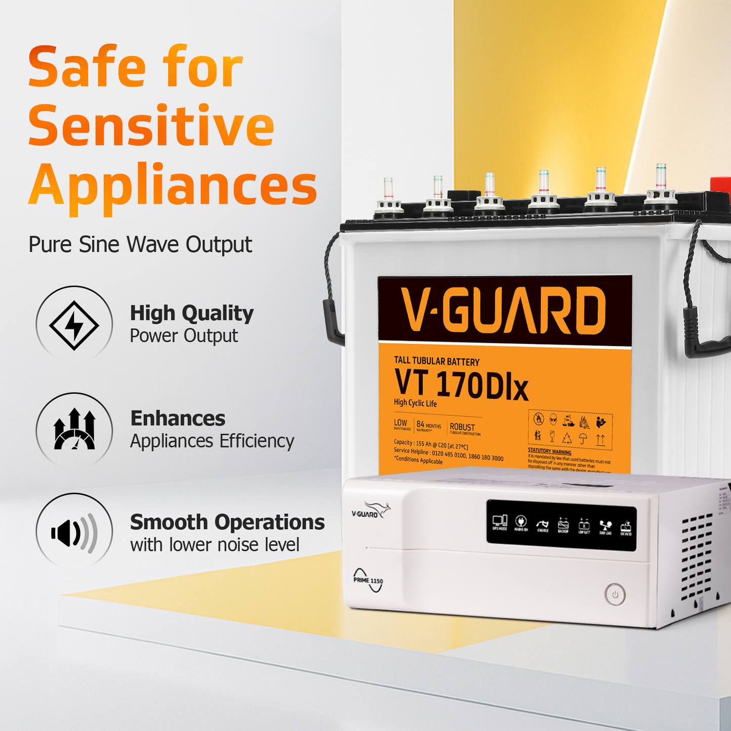 V-Guard Inverter & Battery Combo (1150 Pure Sine Wave 1000VA/12V Inverter, VT 170 DLX (155Ah Tall Tubular Battery) for Home, Office & Shops