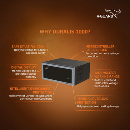 V-Guard Duralis 1000 Mainline Stabilizer for Home | Protect Your Entire Home with One Stabilizer | Digital Display | Wide Voltage Range (110 VAC–290 VAC) | 1 Year Warranty | Black