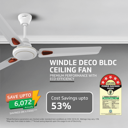 Windle Deco BLDC Ceiling fan with Remote, 1.2 m, 5-Star Rated, White