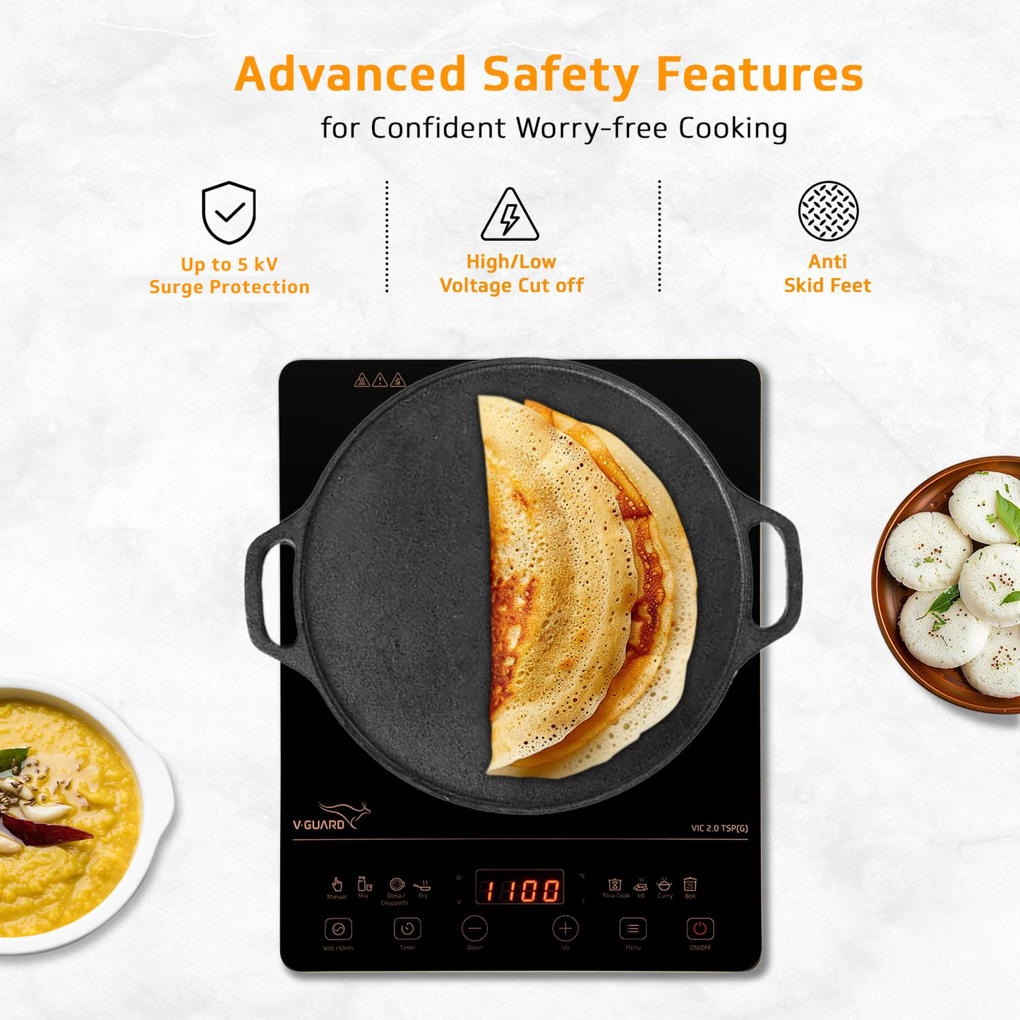 V-Guard VIC 2.0 TSP Induction Cooktop| 2000-Watt Electric Induction Stove with Up to 5 KV Surge Protection | 3-Year Coil Coverage by V-Guard | Touch Panel Control | Auto-Cut off with 10 Temperature Levels