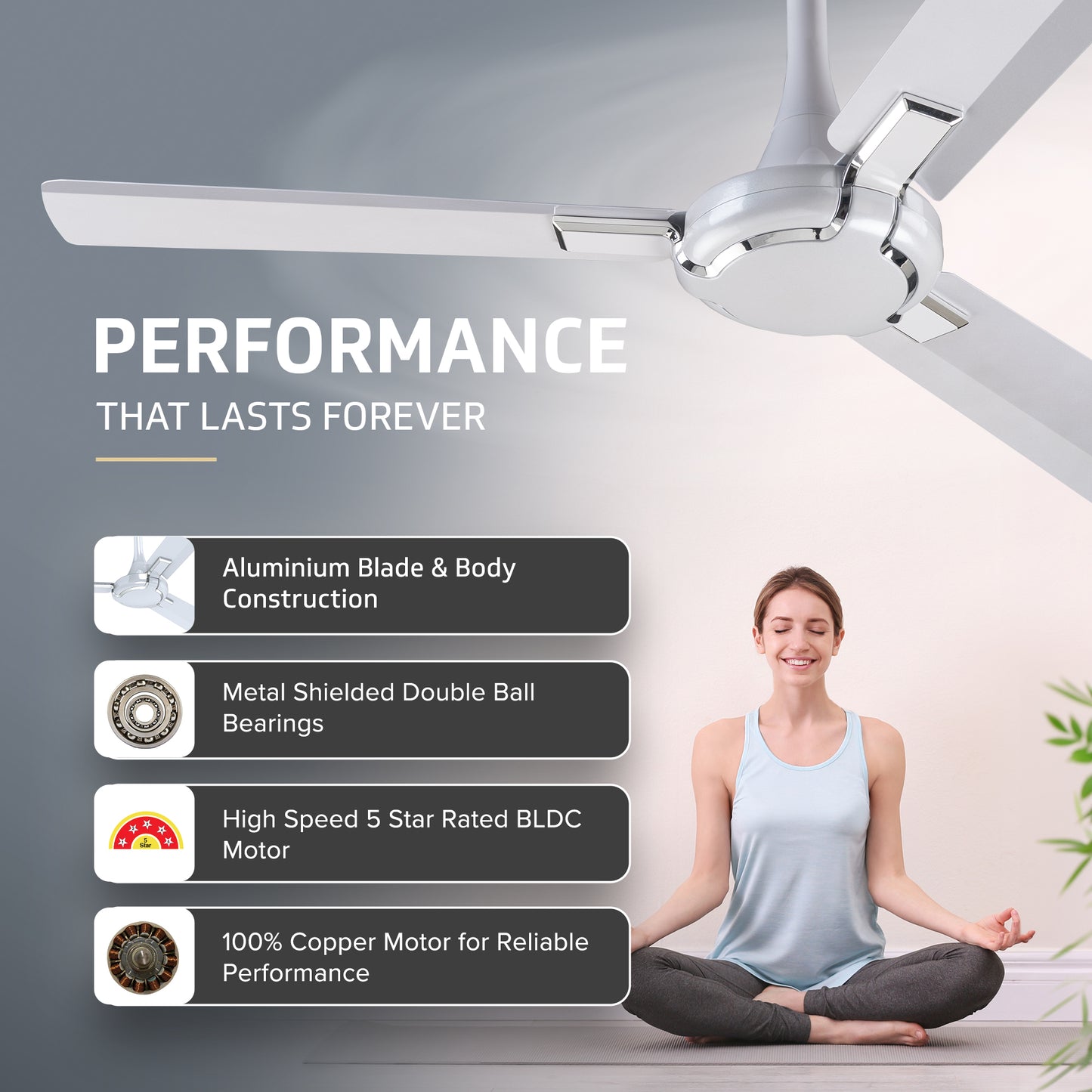 Exado Pro ES BLDC Ceiling Fan For Home, Anti Dust Coating, 5-Star Energy Saving, Remote Control, 100% Copper Motor, 1.2M (Pearl White Silver)