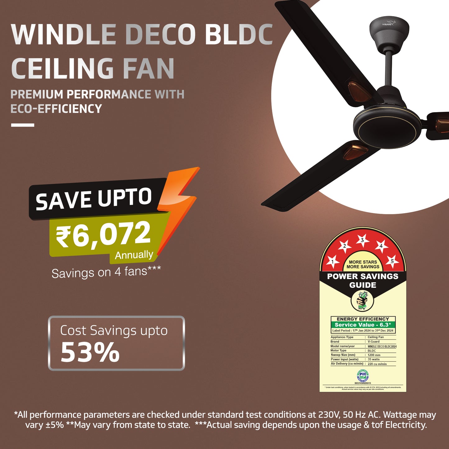 Windle Deco BLDC Ceiling fan with Remote, 1.2 m, 5-Star Rated, Matte Brown