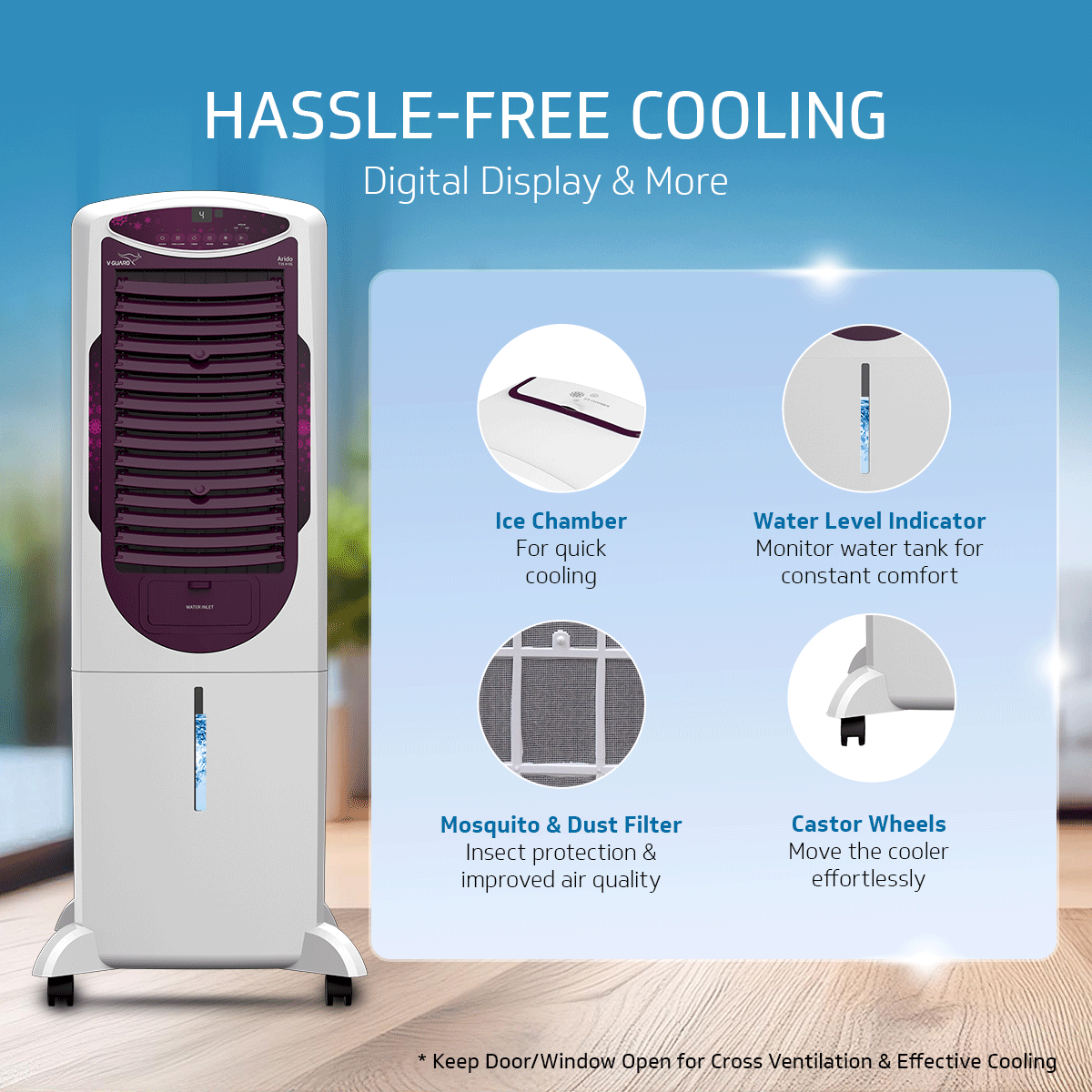 Arido T35 H DG Air Cooler for Home | Remote Comfort | 35 Litre | 2 Year warranty on main Motor & Pump | White & Purple Burry