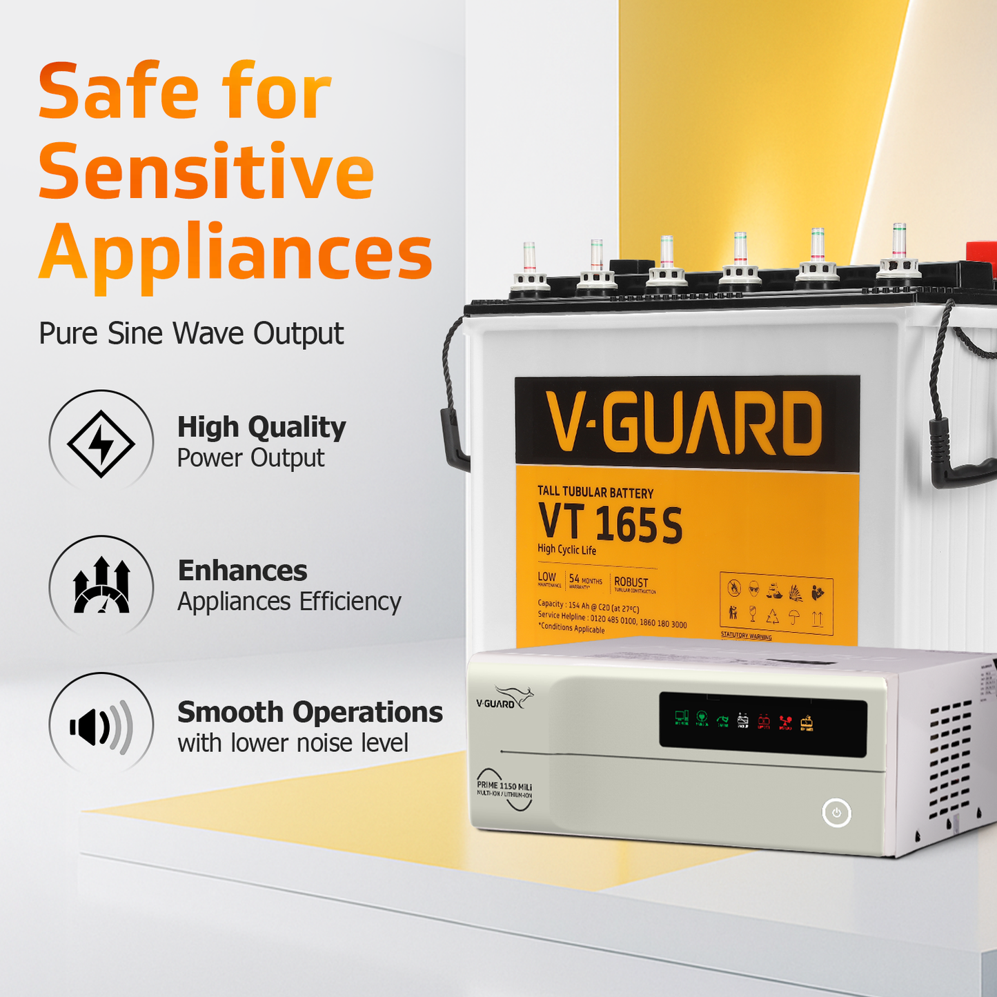 V-Guard Inverter & Battery Combo - Prime 1150 MiLi  Pure Sine Wave 1000VA/ 12V Inverter, VT 165S (154Ah Tall Tubular Battery) for Home, Office & Shops