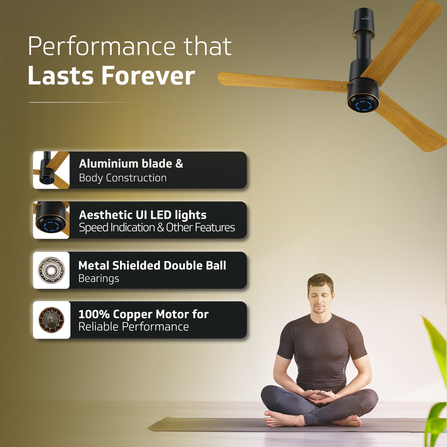 V-Guard INSIGHT-X Premium BLDC Ceiling Fan For Home | 6 Speed Settings | 5-Star Energy Saving | Convenient Remote Control | High-Speed 100% Copper Motor | 1.2M (Choco Gold Wood)