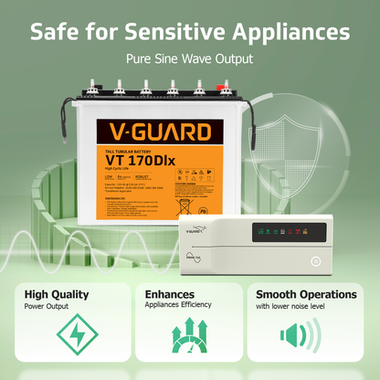 V-Guard Inverter & Battery Combo - 750 Pure Sine Wave 650VA/ 12V Inverter, VT 170 DLX (155Ah Tall Tubular Battery) for Home, Office & Shops