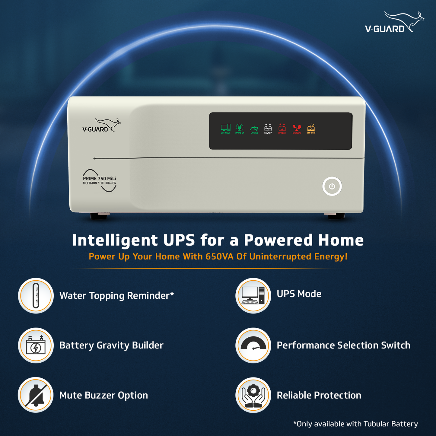 V-Guard Prime 750 MiLi Inverter for Home, Office & Shop | 650VA / 12V Pure Sine Wave | Reliable Power Backup | LED Display | Easy Installation | 3-Year Warranty