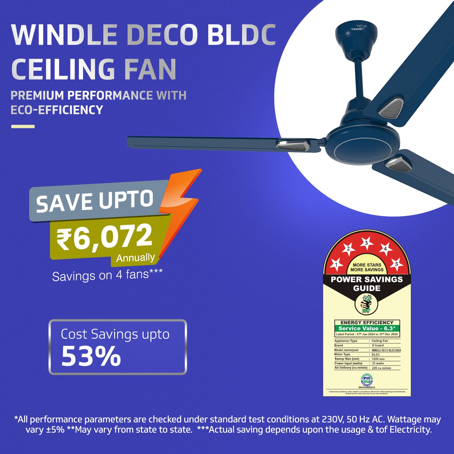 Windle Deco BLDC Ceiling fan with Remote, 1.2 m, 5-Star Rated, Admiral Blue