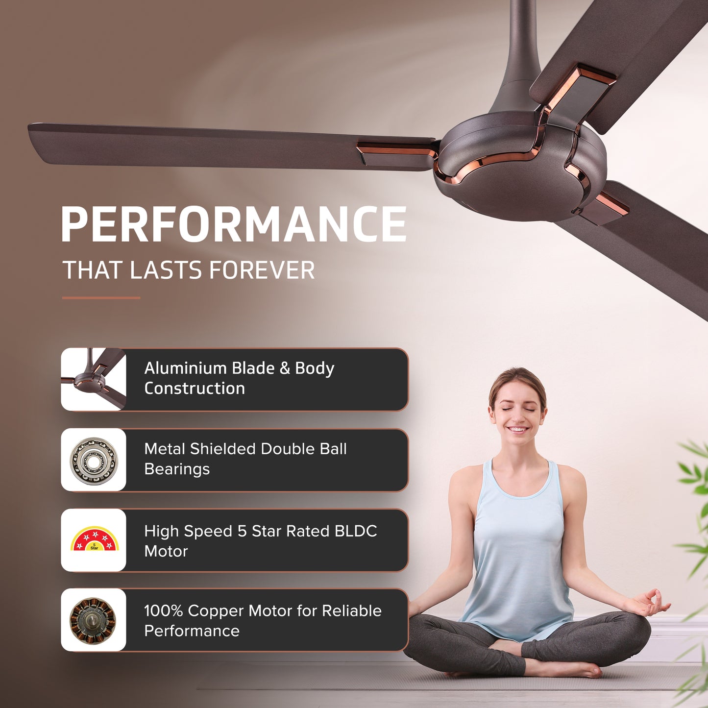 Exado Pro ES BLDC Ceiling Fan For Home, Anti Dust Coating, 5-Star Energy Saving, Remote Control, 100% Copper Motor, 1.2M (Elegance Brown Matte)