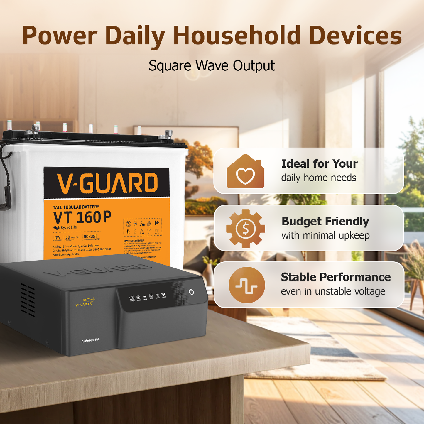 V-Guard Inverter & Battery Combo (Aviolux 800 Inverter with VT 160P (152 Ah Tall Tubular Battery)) for Home, Office & Shops