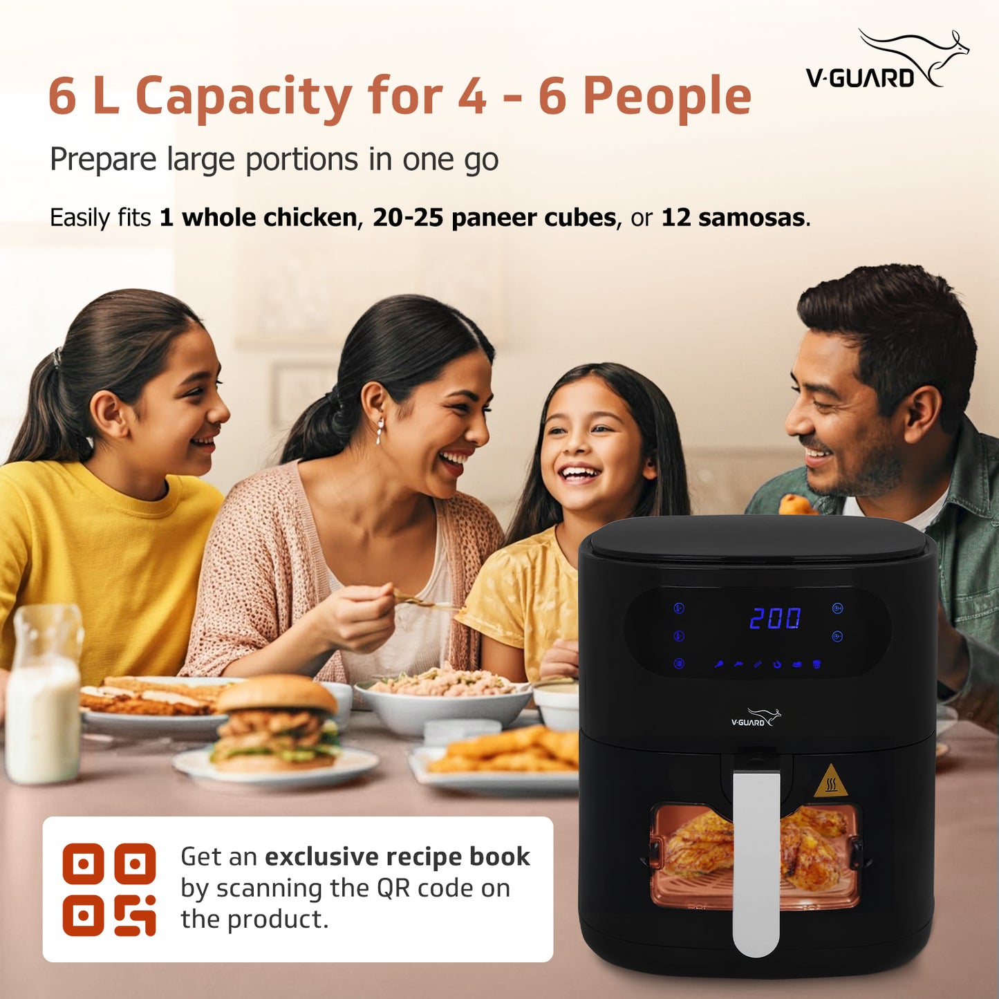 V-Guard Crispair 6.0 DG Air Fryer with See-Through Window (New Launch) | 6 L Capacity for 4-6 People | 2 Year Coverage by V-Guard | Healthy Cooking with up to 90% Less Oil | Touch Panel Control & Digital Display