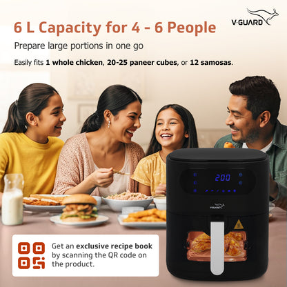 V-Guard Crispair 6.0 DG Air Fryer with See-Through Window (New Launch) | 6 L Capacity for 4-6 People | 2 Year Coverage by V-Guard | Healthy Cooking with up to 90% Less Oil | Touch Panel Control & Digital Display