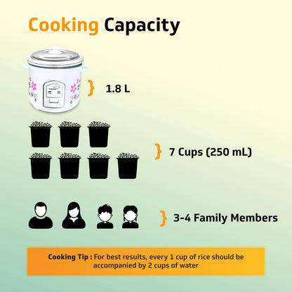 V-Guard VRC 1.8C Electric Rice Cooker, 1.8 Litre, 5 Year Heating Plate & 2 Year Product Coverage by V-Guard, Automatic Cooking with Warm & Cook Functions