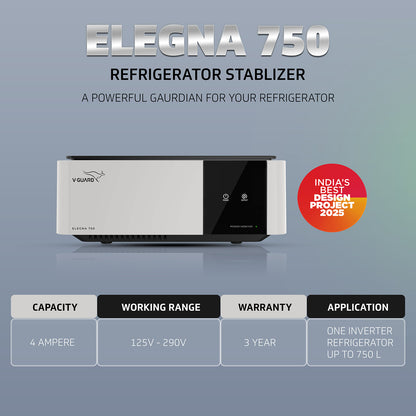 V-Guard Elegna 750 Stabilizer for Inverter Refrigerator up to 750 Litre| India’s Best Design Project | Wide Input Voltage Range (Working Range 125 VAC-290 VAC) | 3 Year Warranty by V-Guard | Grey