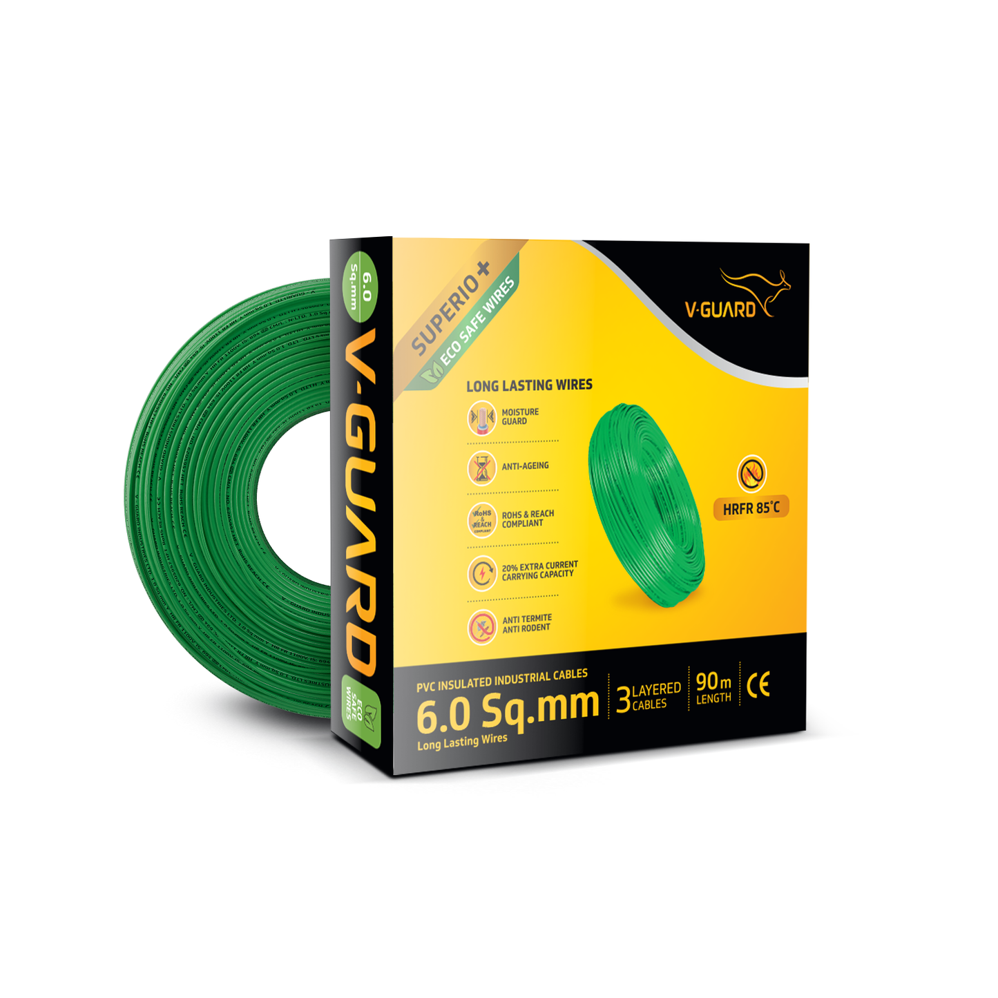 V-Guard Superio+ 6 sq mm Eco Safe Triple Layer HRFR PVC Wiring Cable, 90 m (Green)