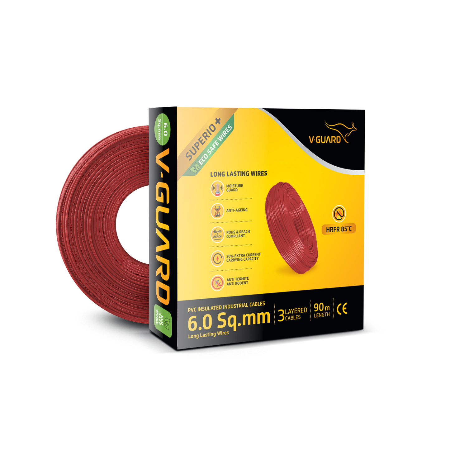 V-Guard Superio+ 6 sq mm Eco Safe Triple Layer HRFR PVC Wiring Cable, 90 m (Red)
