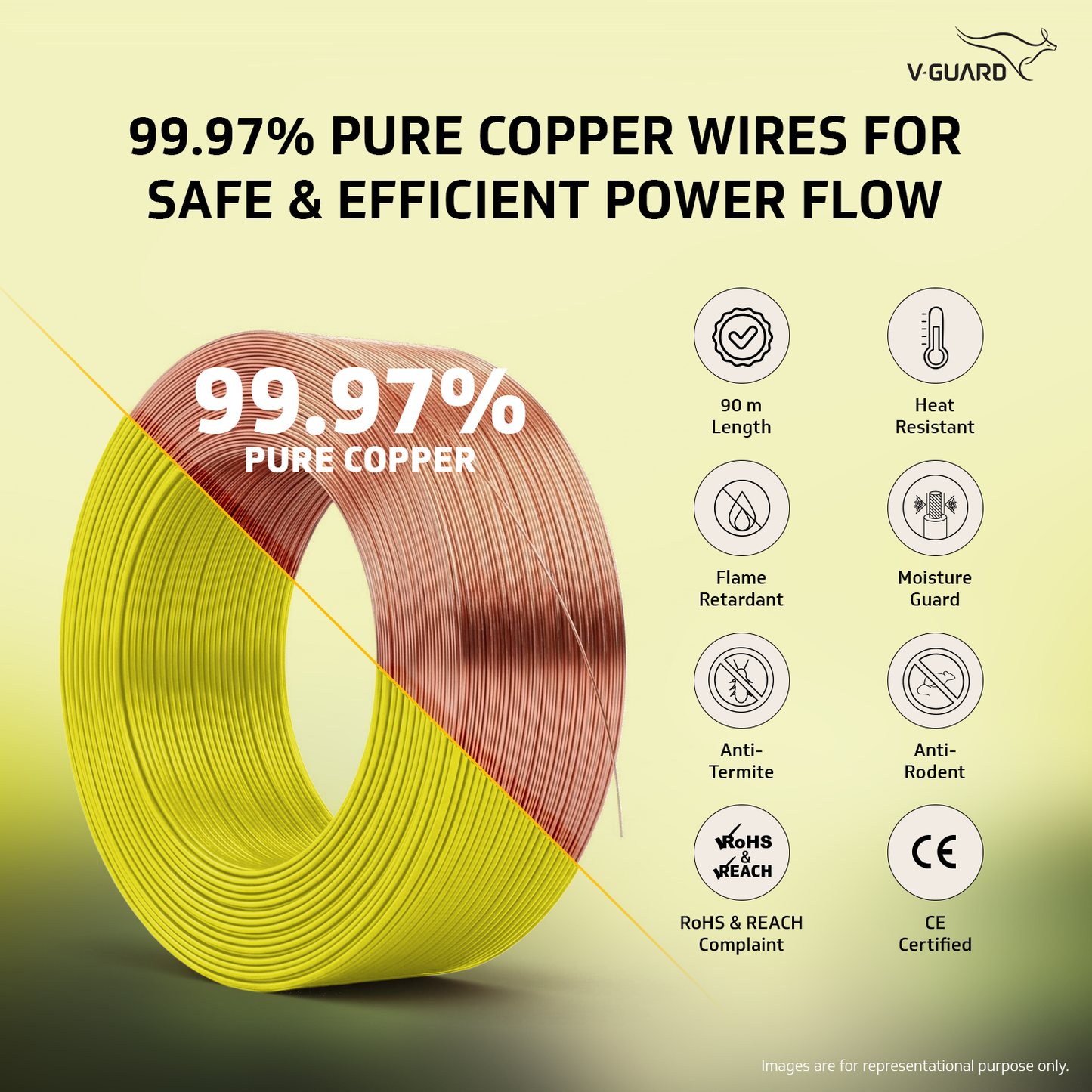 V-Guard Superio+ 6 sq mm Eco Safe Triple Layer HRFR PVC Wiring Cable, 90 m (Yellow)