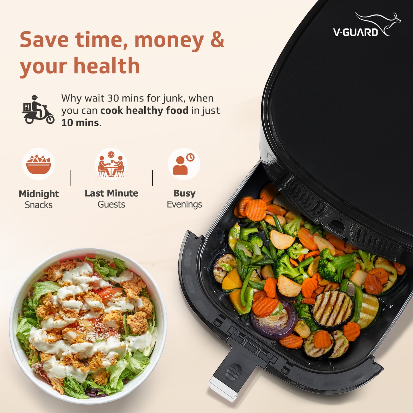 V-Guard Crispair 6.0 DG Air Fryer with See-Through Window (New Launch) | 6 L Capacity for 4-6 People | 2 Year Coverage by V-Guard | Healthy Cooking with up to 90% Less Oil | Touch Panel Control & Digital Display