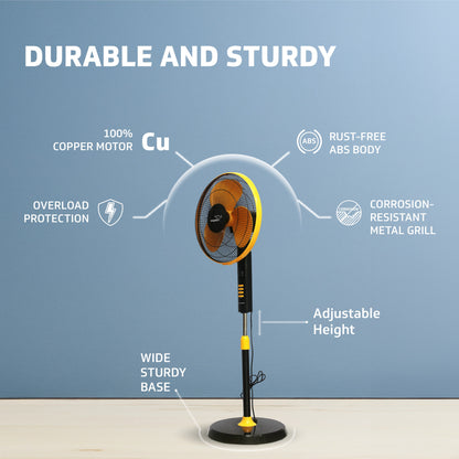 Esfera Pedestal Fan Remote Control, In-built 7.5 Hour Timer Functionality, 40 cm, Orange Black