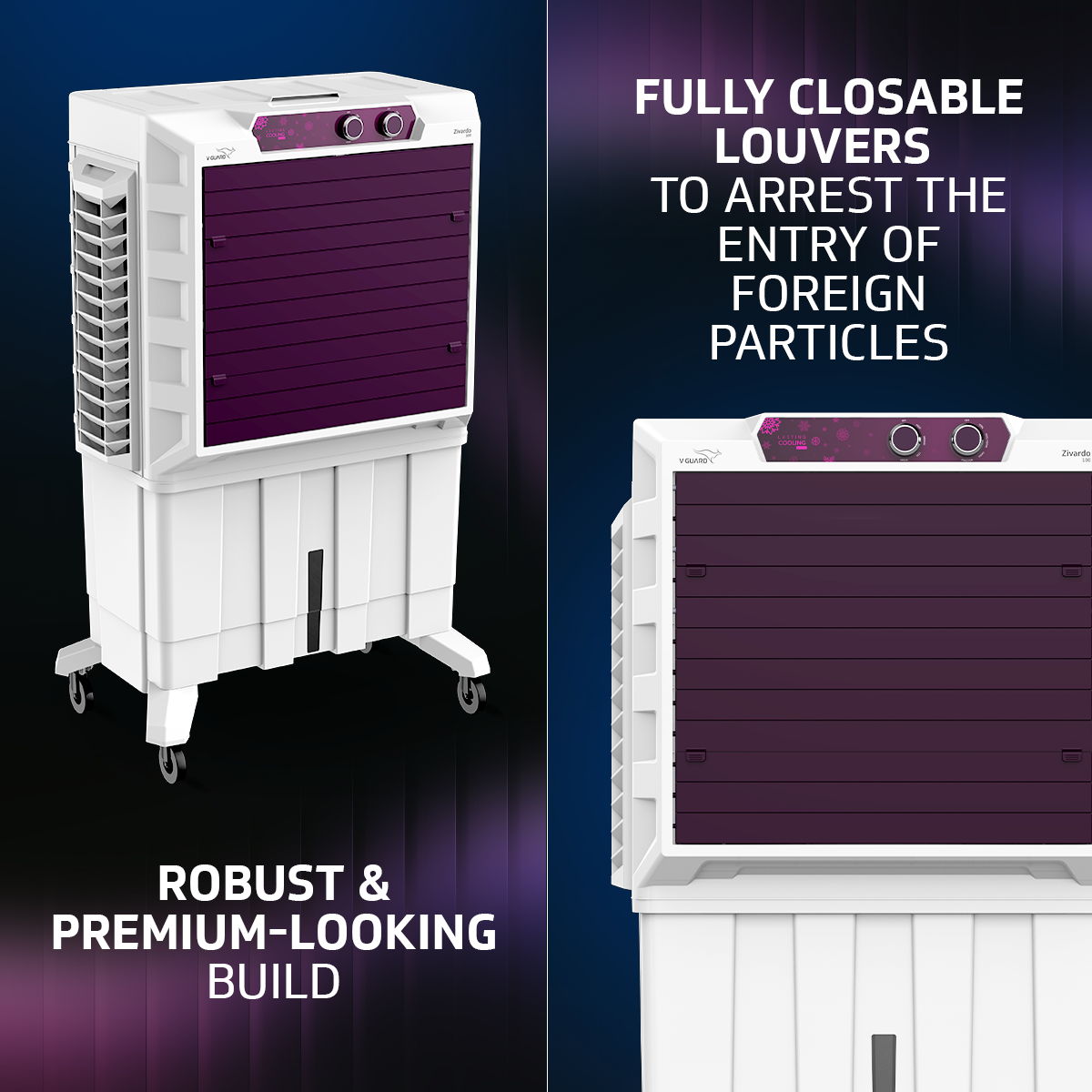 V-Guard Zivardo 100 Desert Air Cooler for Home | 100 Litre | 2 Years Warranty on Motor & Pump | White & Purple Burry