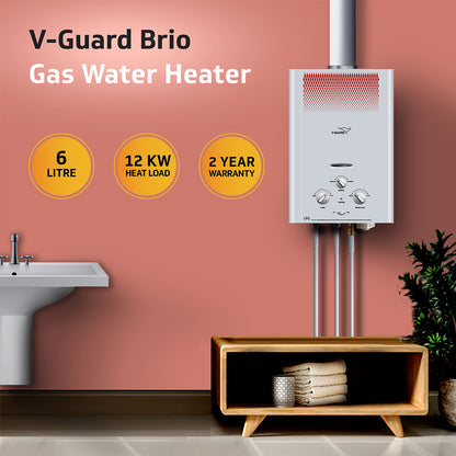 V-Guard Brio 6 Litre LPG Gas Geyser for Bathroom | 9-Layer Advanced Safety | Summer-Winter Mode | Flame & Water Control Knob | Child Safety Lock | White