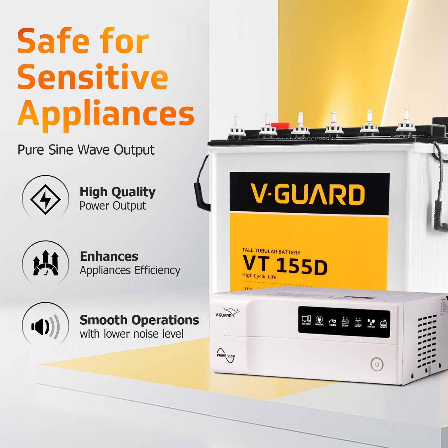 Prime 1150 Pure Sine Wave Inverter + VT 155D Battery Combo for Home, Office & Shops