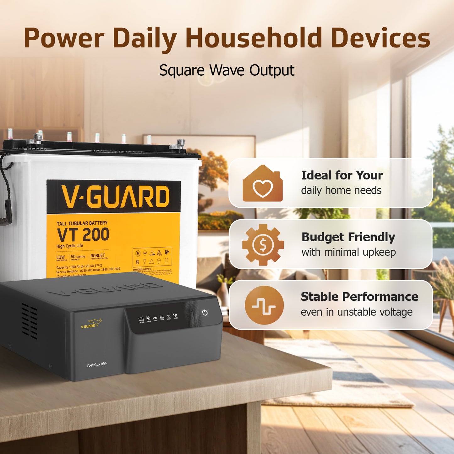 Aviolux 800 Square Wave Inverter + VT 200 Battery Combo for Home, Office & Shops