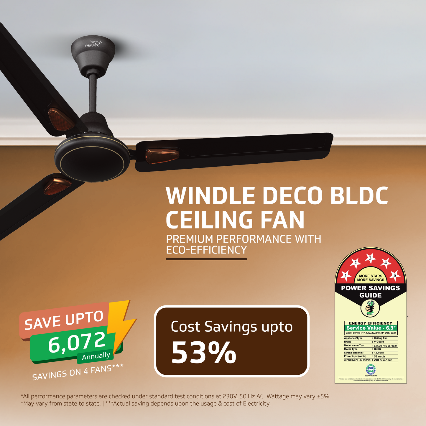 Windle Deco BLDC Ceiling fan with Remote, 1.2 m, 5-Star Rated, Matte Brown