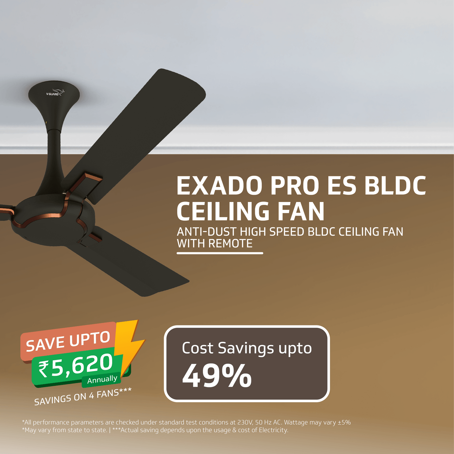 Exado Pro ES BLDC Ceiling Fan For Home, Anti Dust Coating, Energy Saving, Remote Control, 100% Copper Motor, 1200 mm (Choco Brown Matte)
