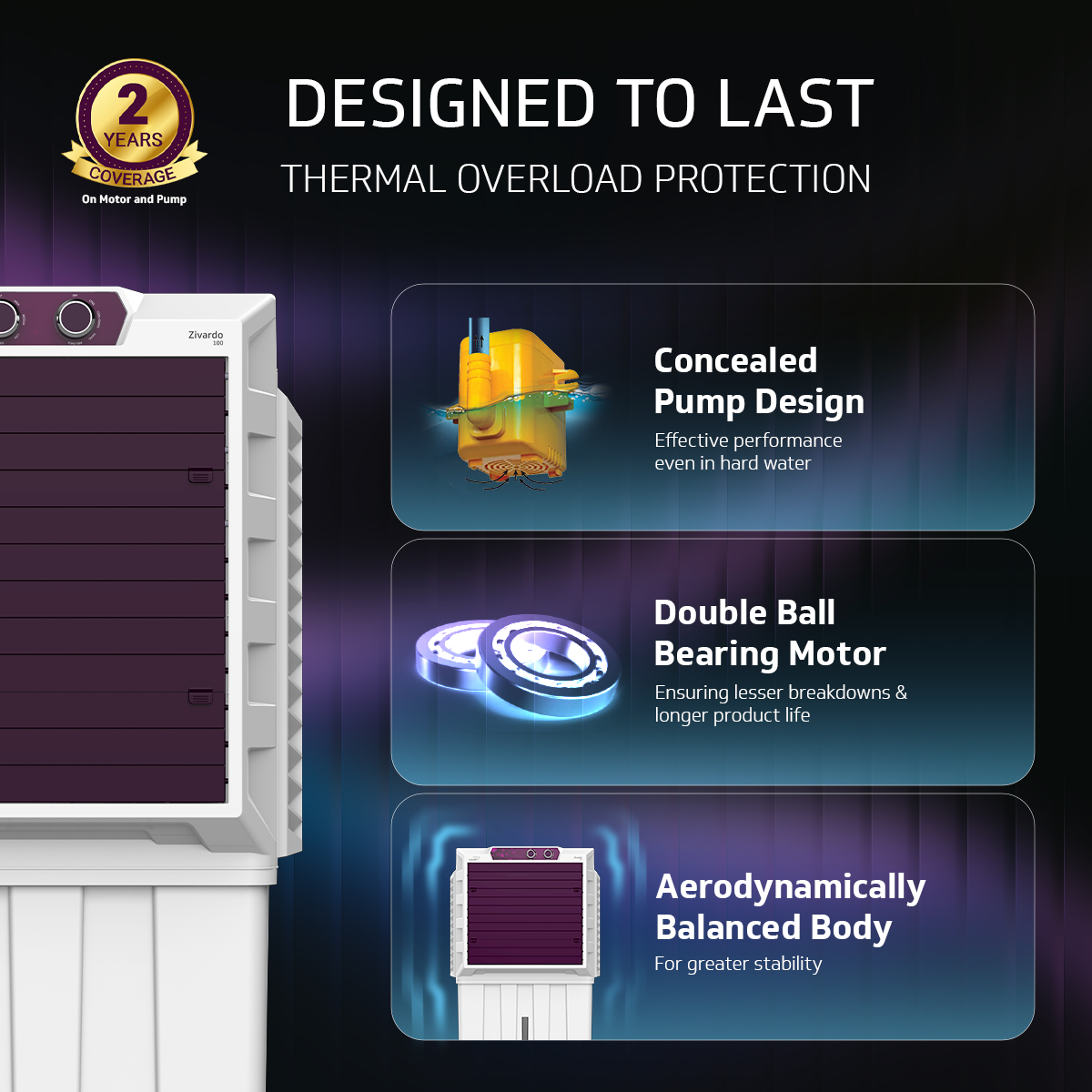 V-Guard Zivardo 100 Desert Air Cooler for Home | 100 Litre | 2 Years Warranty on Motor & Pump | White & Purple Burry