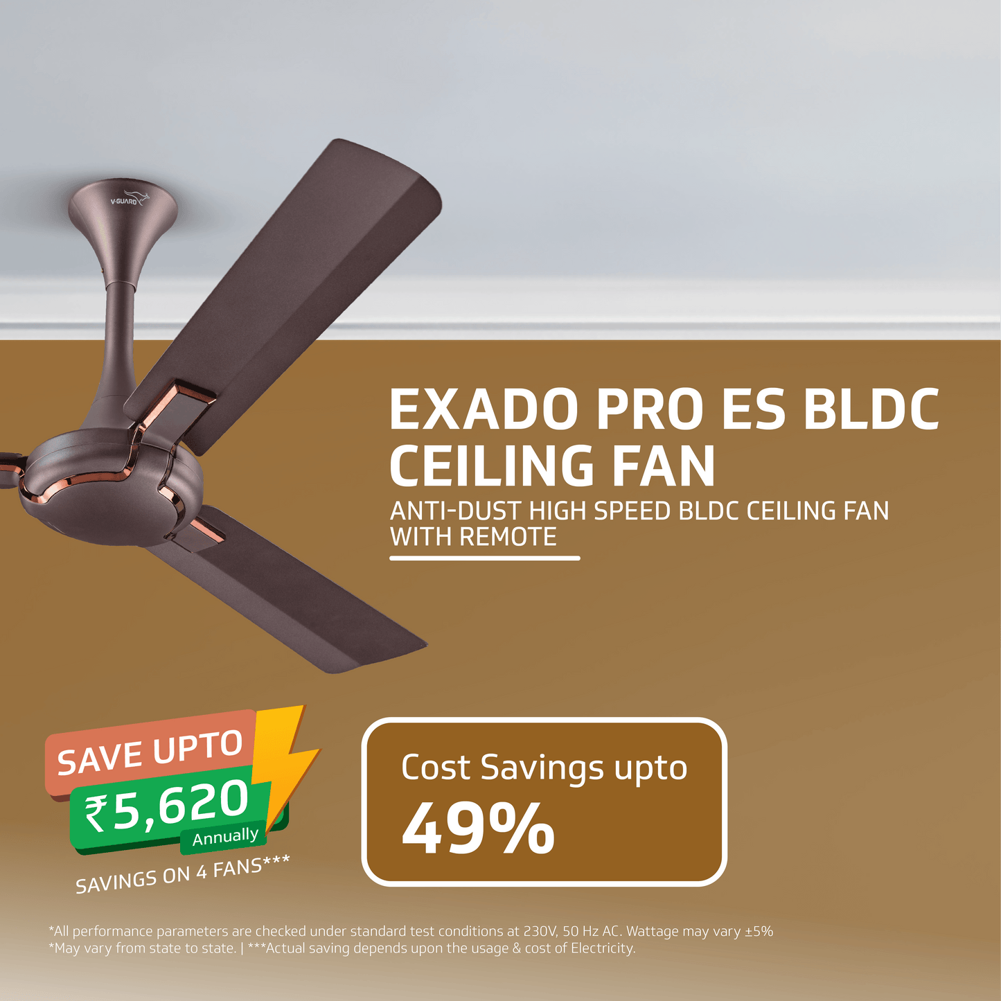 Exado Pro ES BLDC Ceiling Fan For Home, Anti Dust Coating, Energy Saving, Remote Control, 100% Copper Motor, 1200 mm (Elegance Brown Matte)