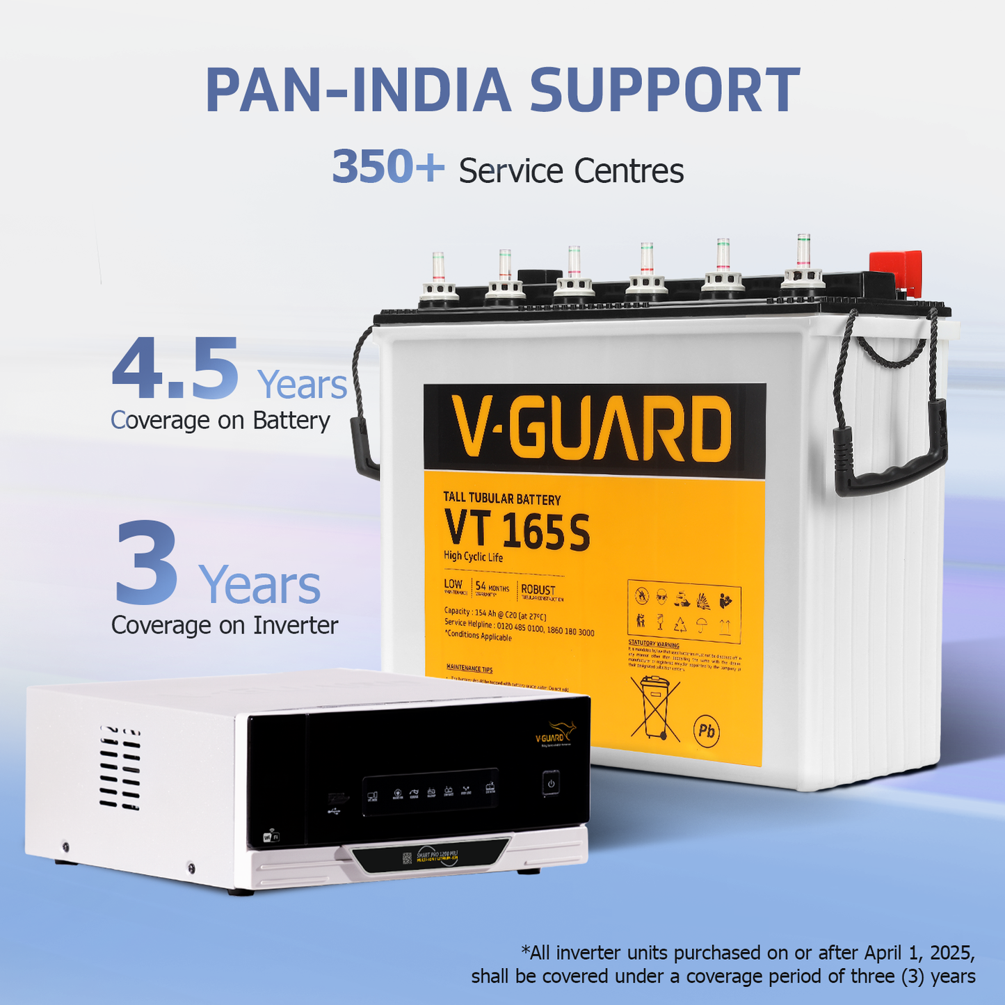 V-Guard Smart Inverter & Battery Combo (Smart Pro 1200 MiLi Digital Sine Inverter with VT 165S (154 Ah Tall Tubular Battery)) for Home, Office & Shops