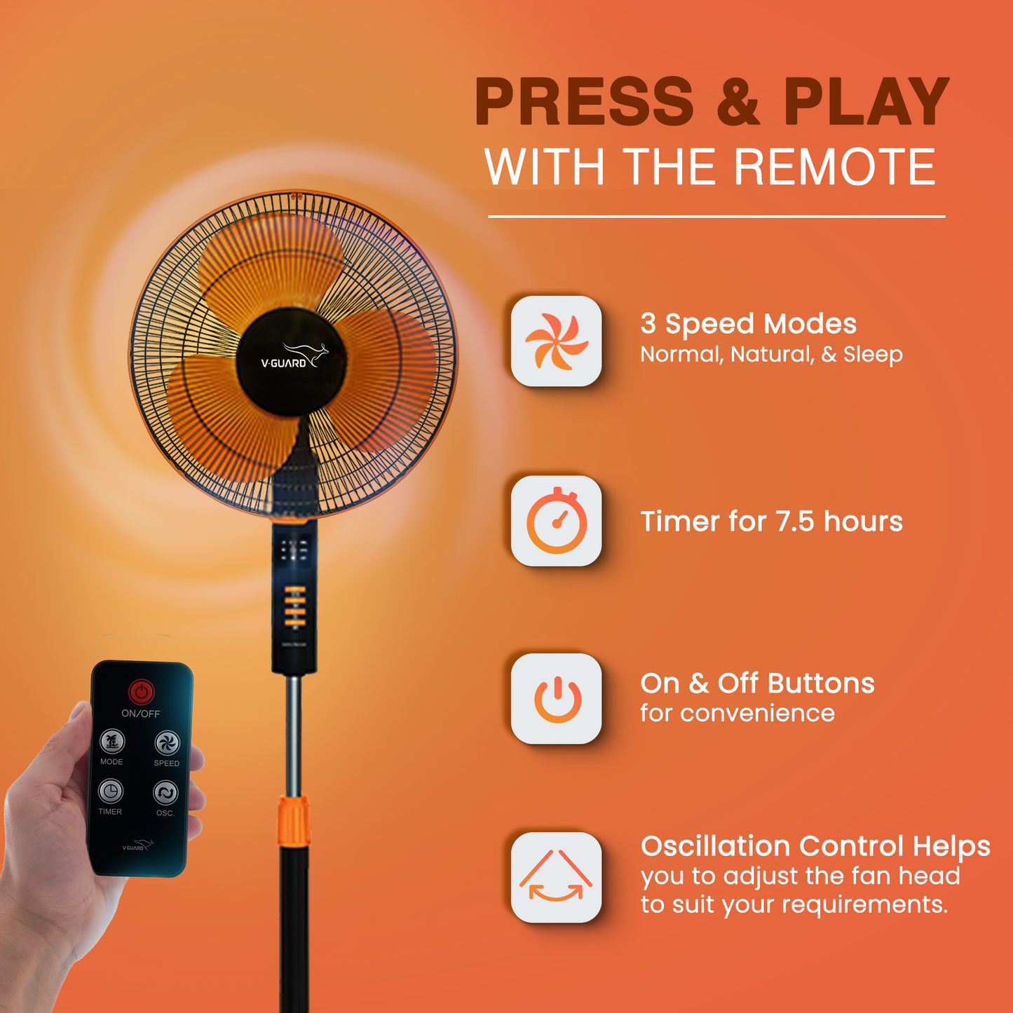 Esfera Pedestal Fan Remote Control, In-built 7.5 Hour Timer Functionality, 40 cm, Orange Black